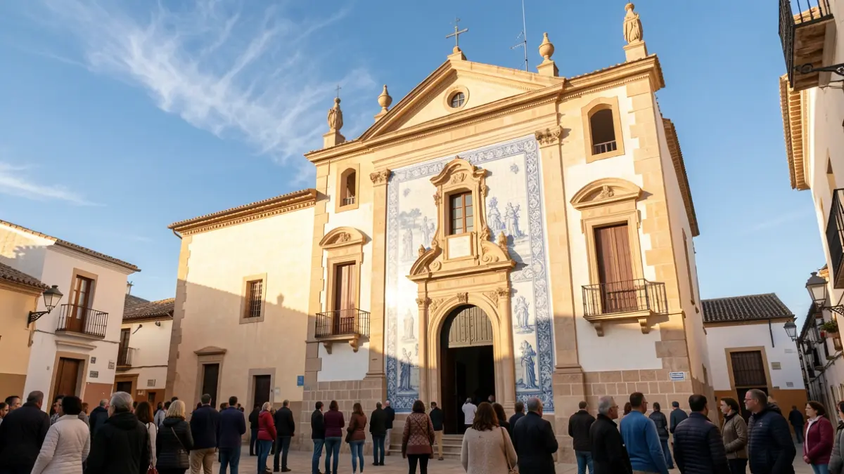 Fachada de la parroquia Nuestra Señora del Rosario en Fuente-Tójar, con azulejo conmemorativo.