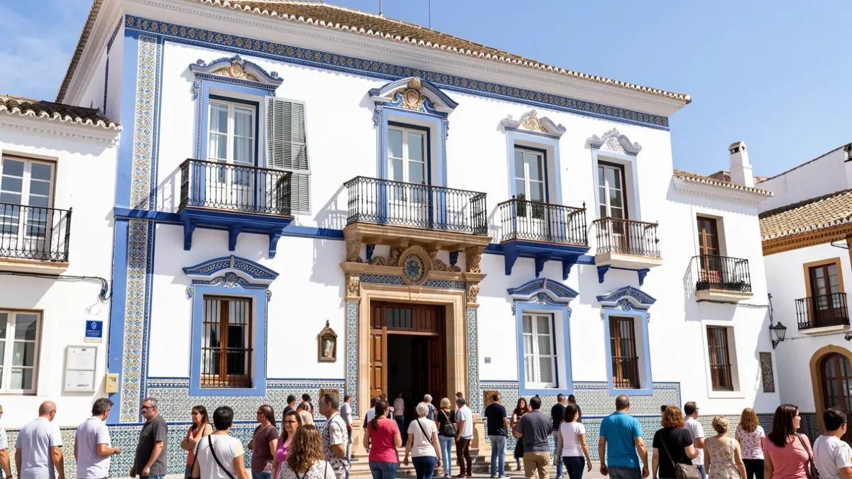 Fachada del Ayuntamiento de Fuentes de Andalucía bajo el sol.