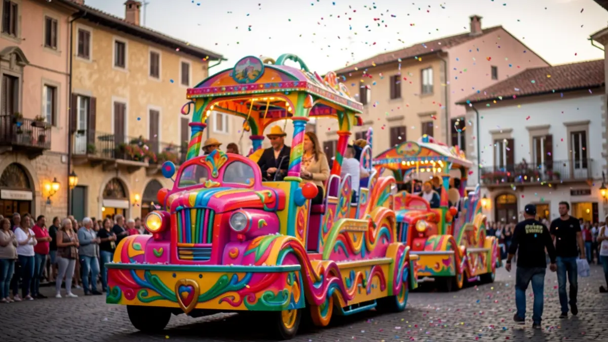 Carroza de carnaval colorida con confeti y arquitectura de Chipiona al atardecer.