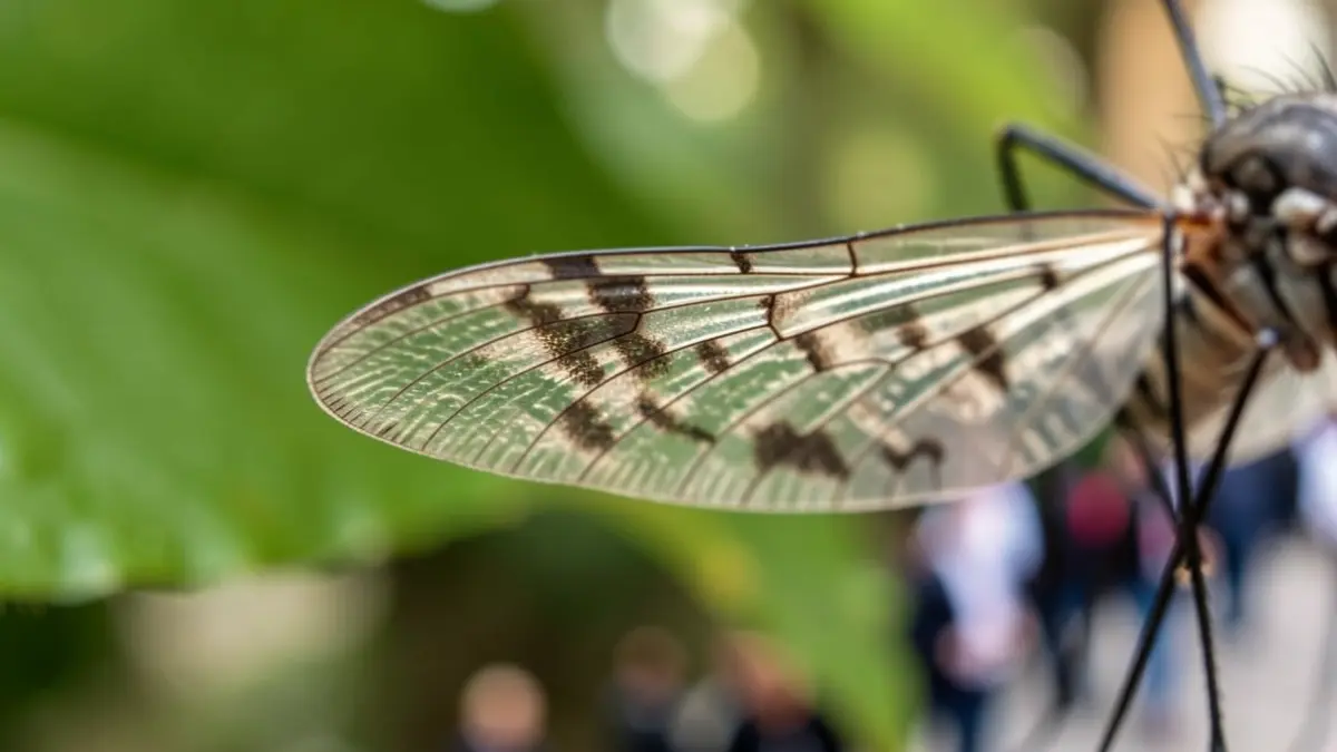 Close-up of a mosquito's wing with intricate patterns, illuminated by a soft, diffused light.
