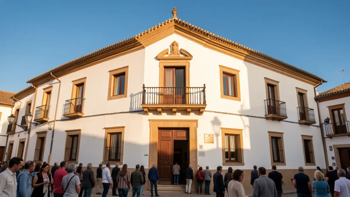 Facade of the Guillena Town Hall, white Andalusian building with a balcony, afternoon light.
