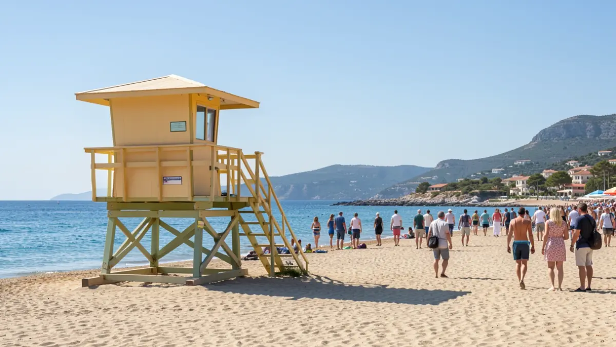 Generic image of a lifeguard tower on a beach with the Mediterranean Sea in the background.