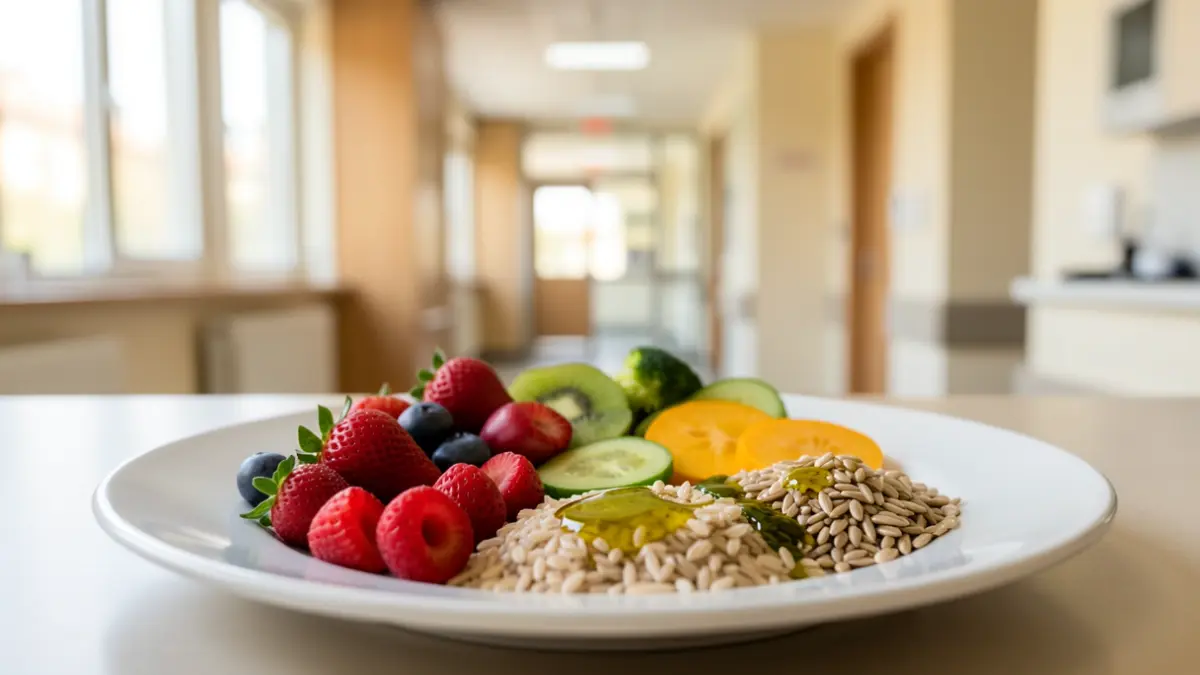 Healthy food plate with fruits, vegetables, and olive oil.