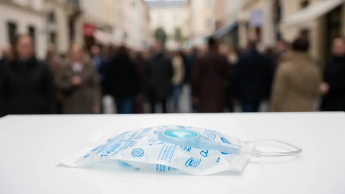 Bolsa de ostomía con patrón azul y blanco sobre superficie blanca.