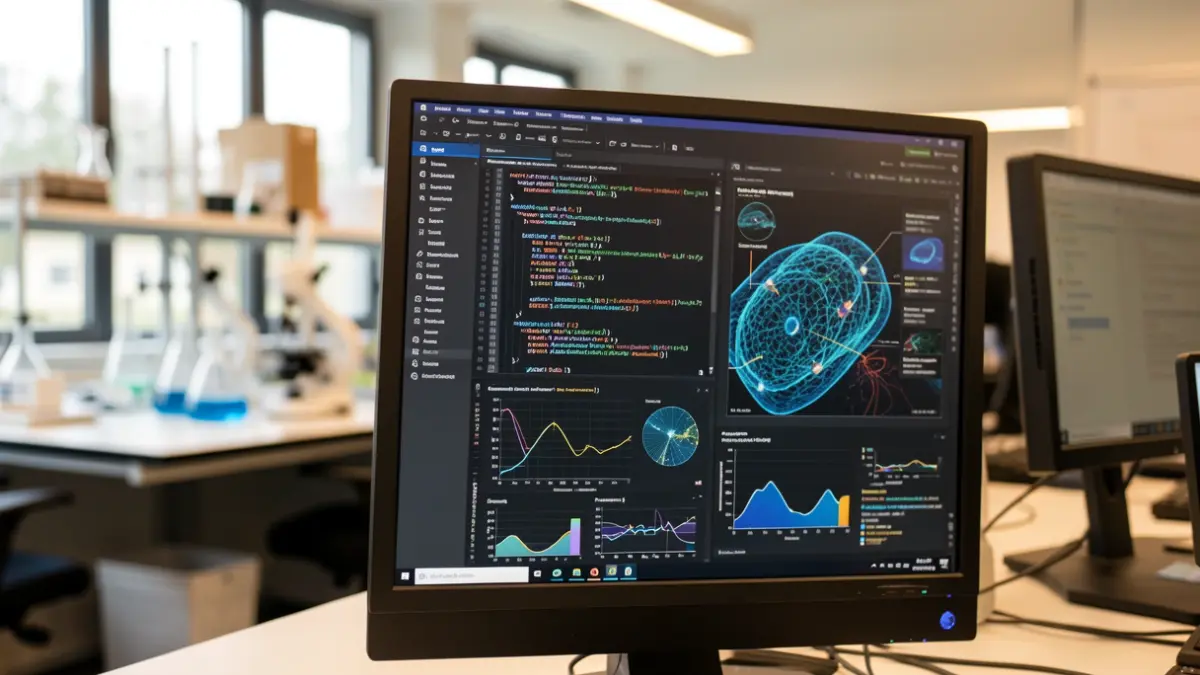 Pantalla de ordenador mostrando datos científicos y código, con un laboratorio desenfocado al fondo.