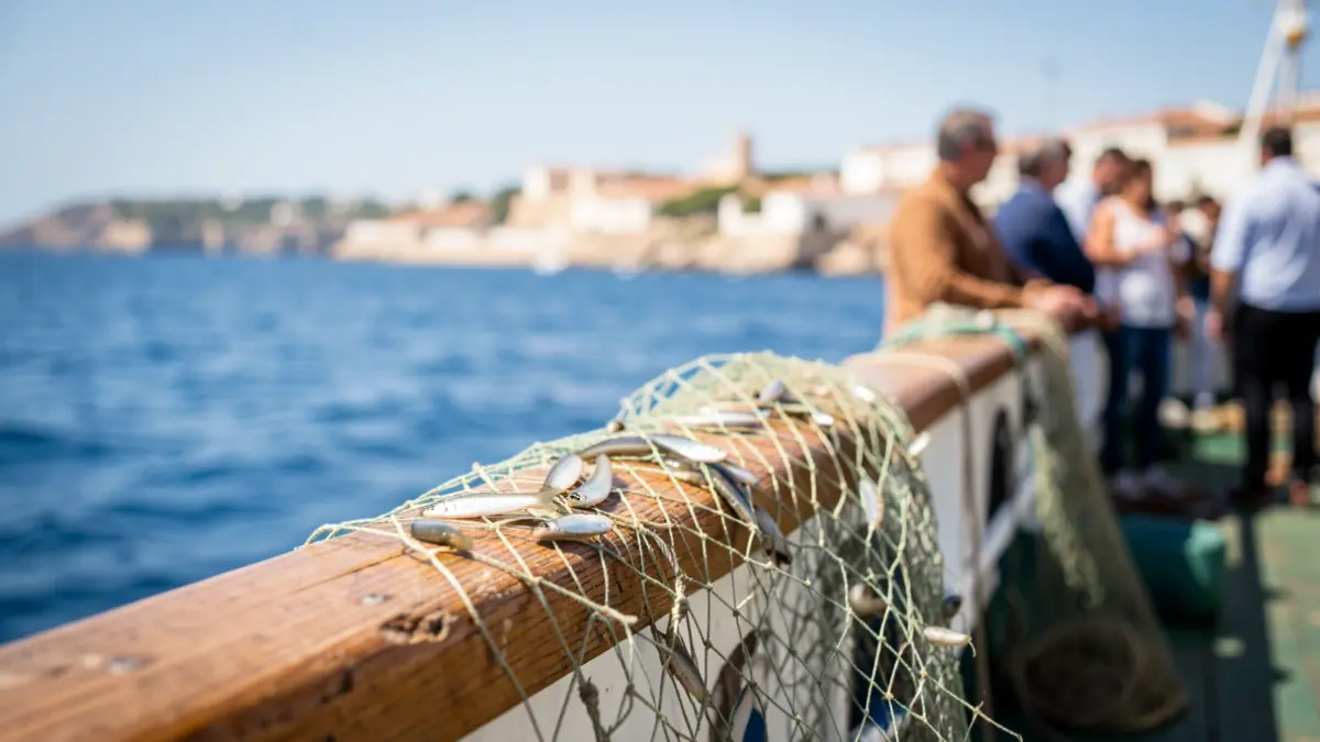 Red de pesca con pequeños peces sobre barandilla de madera de barco, con el mar azul y la costa de Andalucía al fondo.