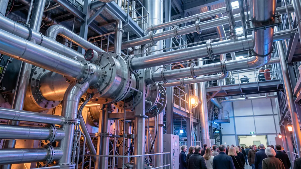 Imagen de primer plano de tuberías y maquinaria interconectadas en una instalación científica avanzada.