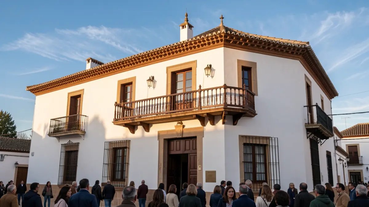 Fachada del Ayuntamiento de Íllora con balcón y luz de tarde.
