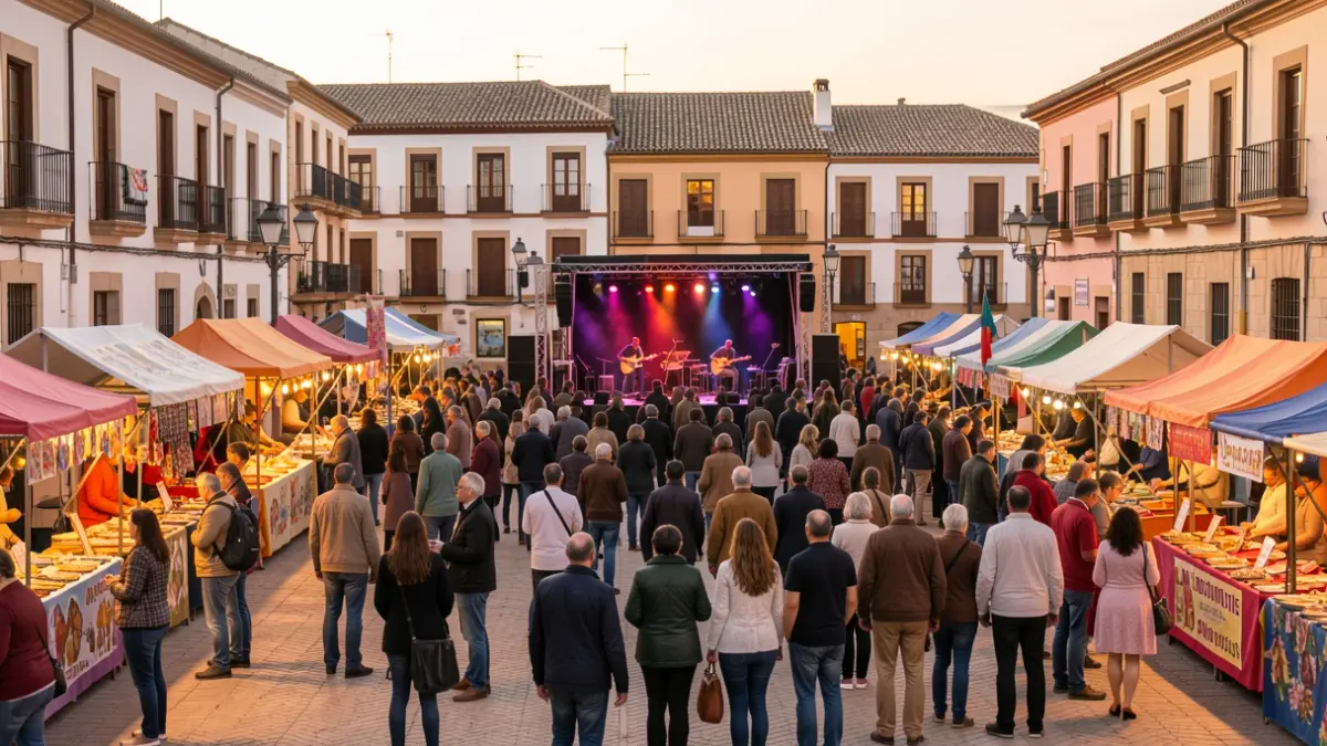 Imagen genérica de una feria local en un pueblo de Andalucía con ambiente festivo y arquitectura tradicional.