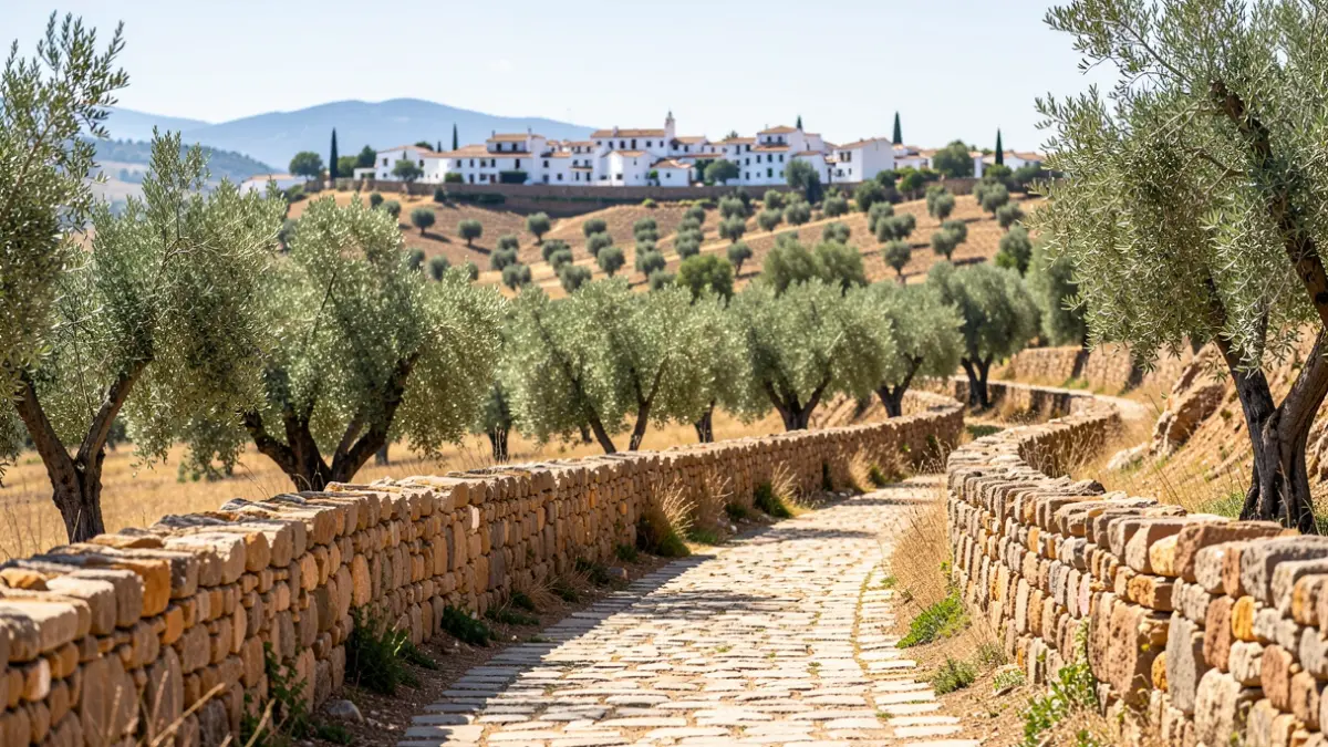 Paisaje del Camino Mozárabe de Santiago en Córdoba, con senderos, olivos y pueblos blancos.