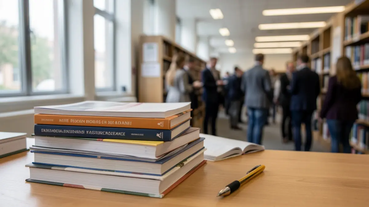 Imagen genérica de una pila de libros académicos y documentos de investigación sobre un escritorio de madera, con un fondo desenfocado de una biblioteca universitaria moderna.