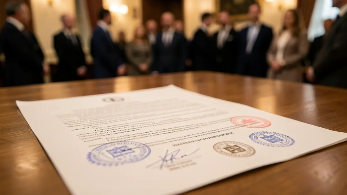 Official document with stamps and seals, on a wooden desk.