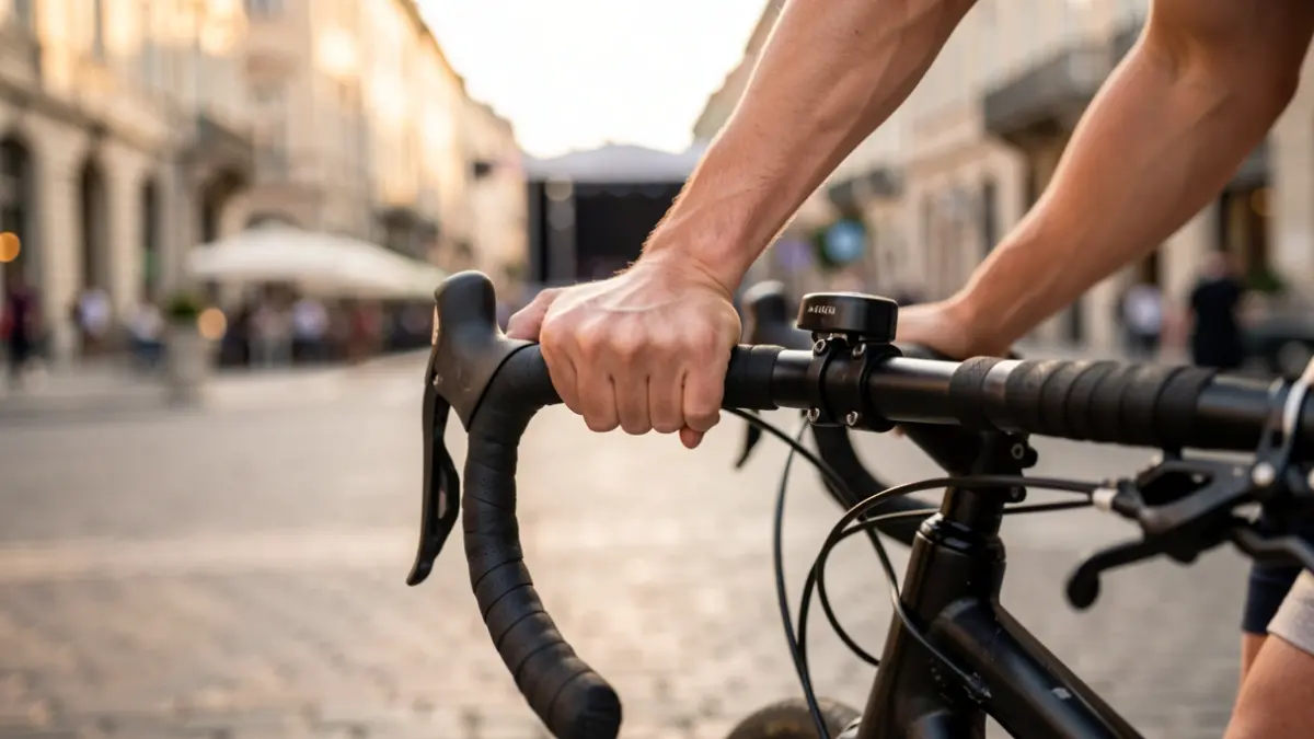 Generic image of a hand gripping bicycle handlebars, with a blurred urban street and a stage in the background.
