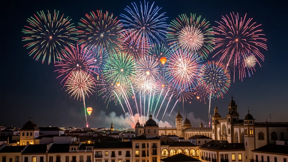 Imagen genérica de un espectáculo de drones iluminando el cielo nocturno con figuras de celebraciones globales.