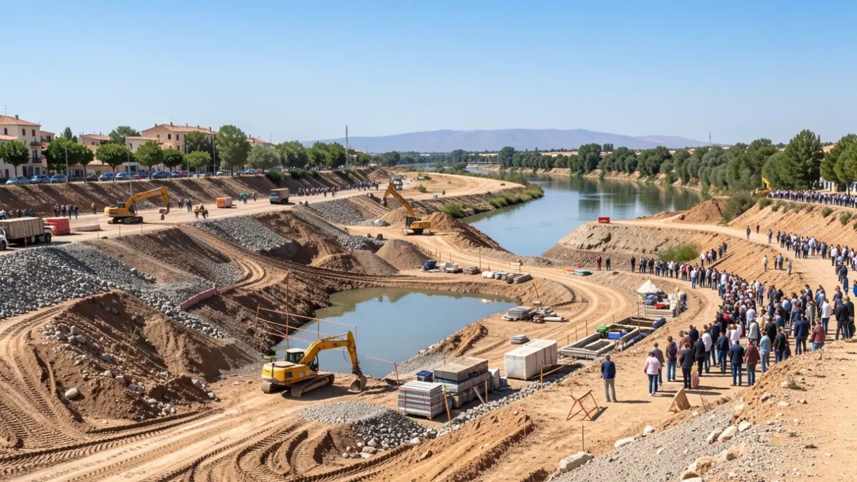 Imagen genérica de la intervención en cauces fluviales en Andalucía, con maquinaria de obra y materiales de construcción.