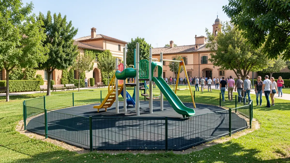 Imagen genérica de una zona de juegos infantiles moderna y segura en un parque.