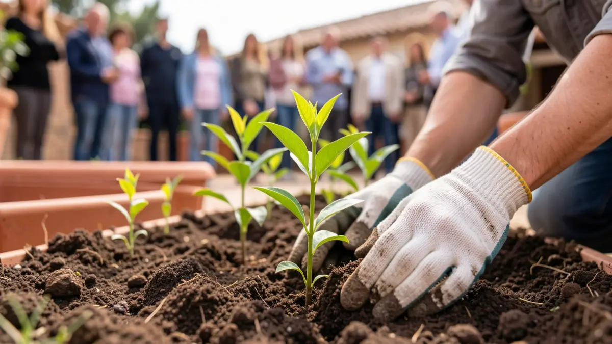 Generic image of young trees being planted in fertile soil, with gloved hands tending to the earth. Soft natural light.