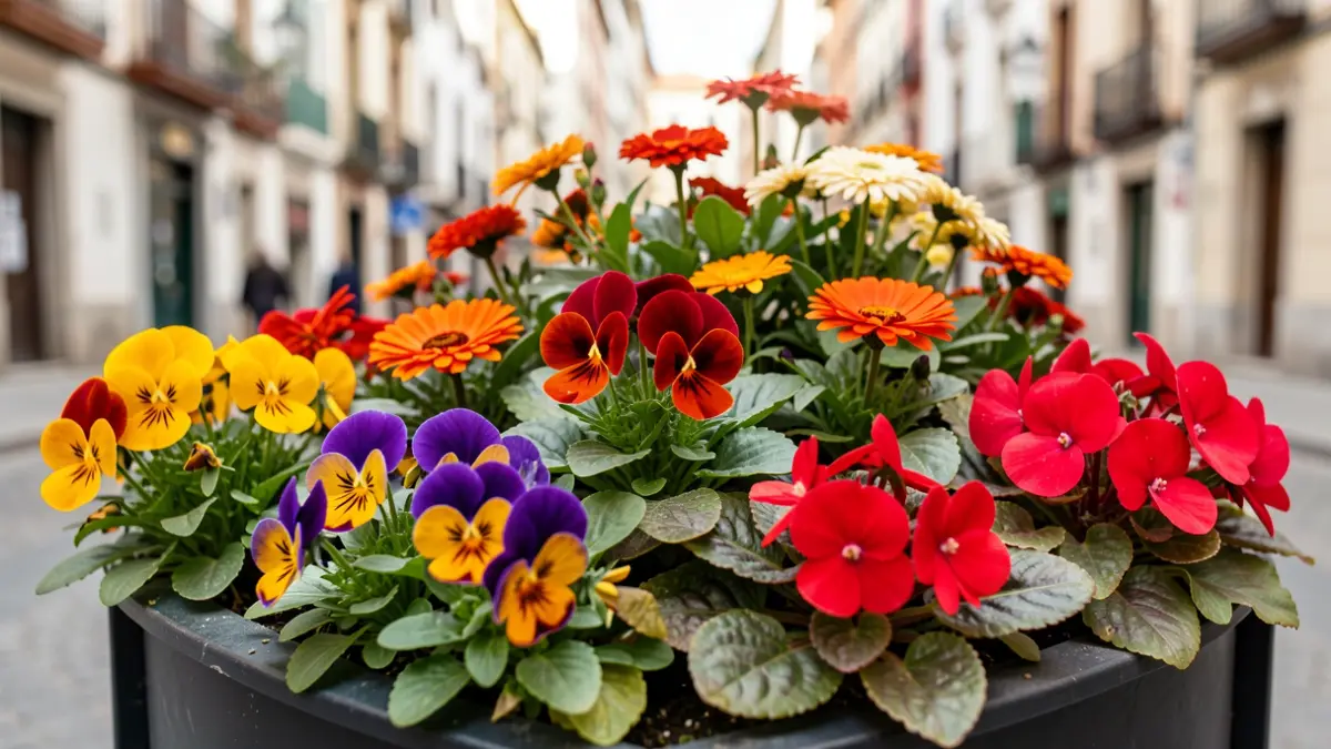 Generic image of autumn-winter flowers arranged in an urban planter.