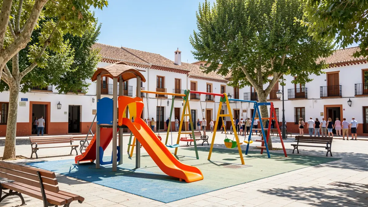 Generic image of a city square with modern playground equipment and Andalusian architecture.