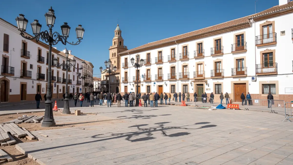 Generic image of a town square in Andalucía undergoing urban renewal, featuring construction elements and street furniture.