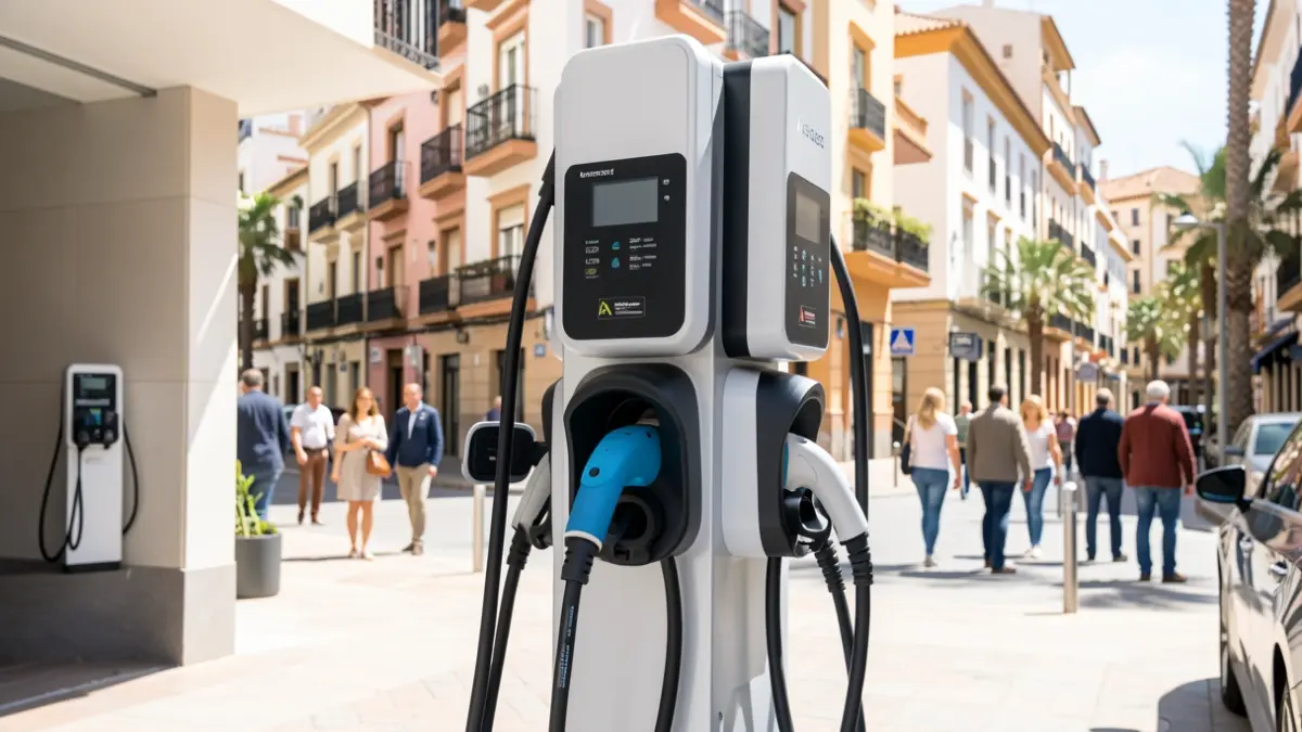 Generic image of an electric vehicle charging station in an Andalusian urban setting.