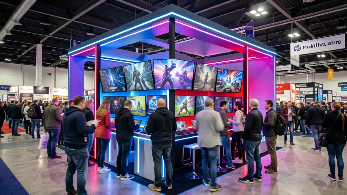 Stand de videojuegos en una convención de cultura pop con demostraciones jugables y público.