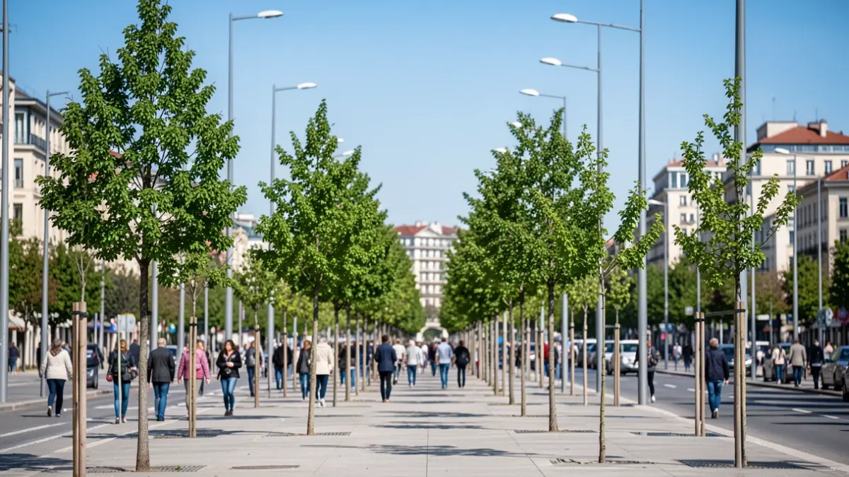 Imagen genérica de árboles jóvenes plantados en una avenida urbana con farolas y edificios borrosos al fondo.