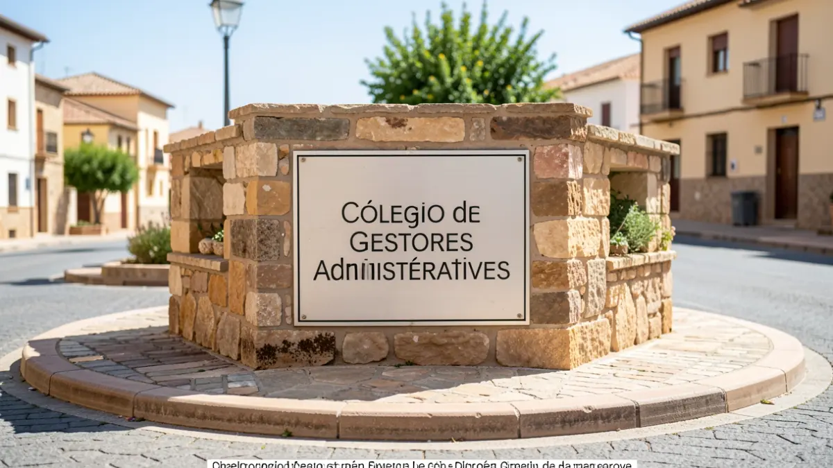 Plaque dedicated to the College of Administrative Managers in a roundabout in Jaén.