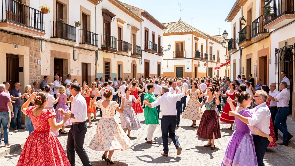 Image of people dancing sevillanas in Roldán y Marín street in Jaén during the San Lucas Fair.