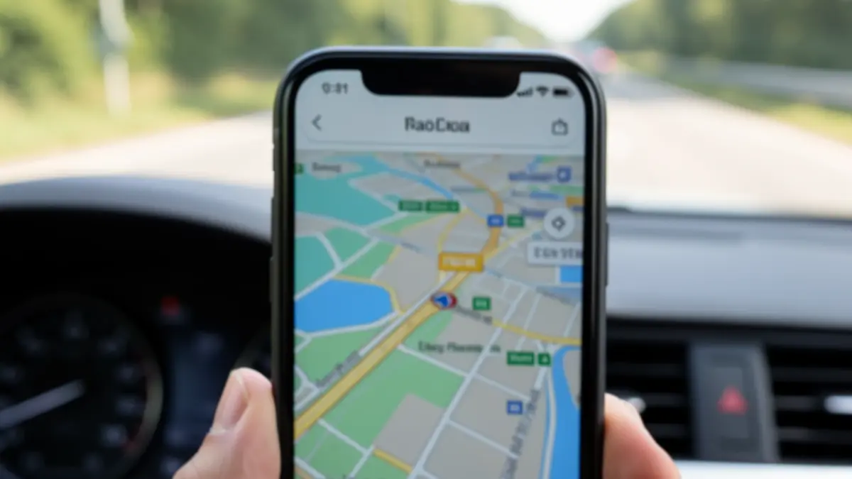 Close-up of a mobile phone showing a GPS in a car.