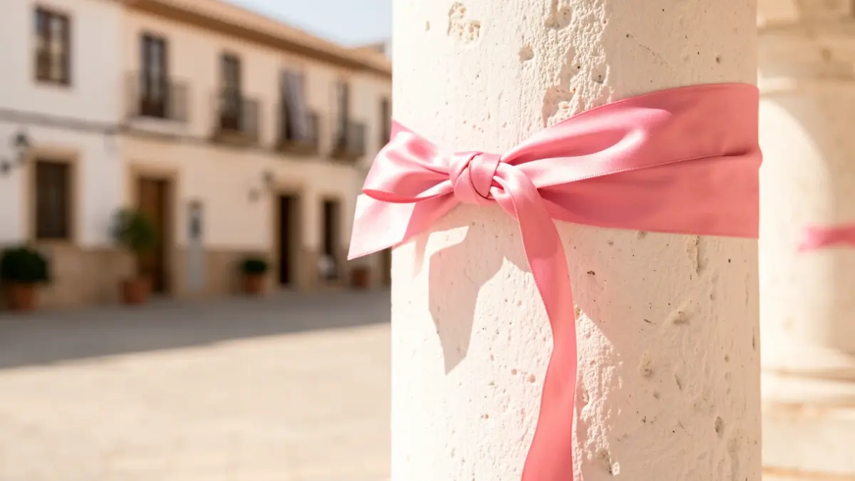 Imagen genérica de un lazo rosa atado a una columna de piedra blanca en una plaza soleada de Andalucía, con arquitectura tradicional desenfocada al fondo.