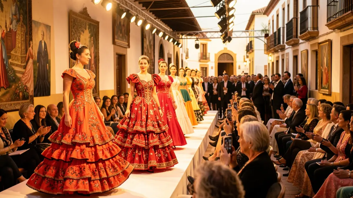 Image of a flamenco fashion show in Andalusia, highlighting the dresses and atmosphere.