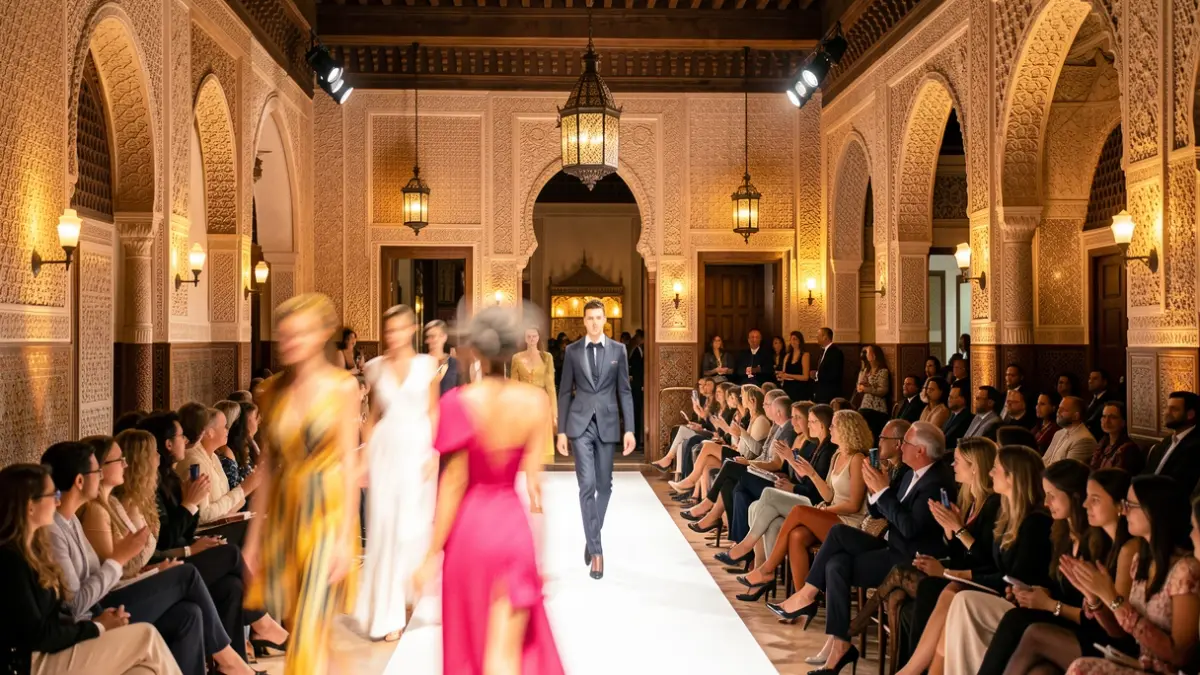 Generic image of a fashion runway in a historic Andalusian building with an audience and architectural details.