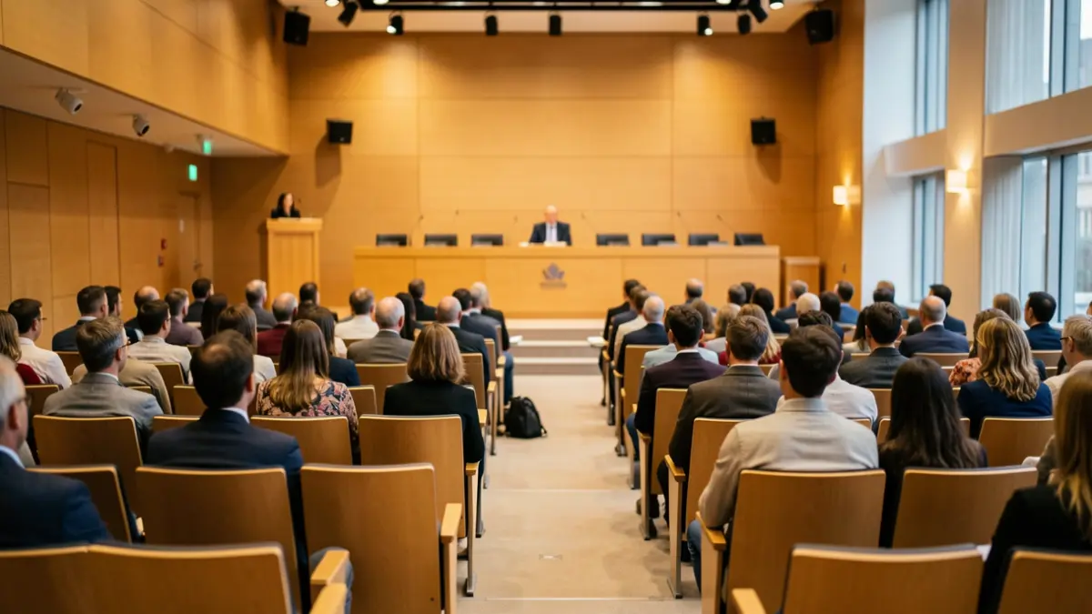 Sala de conferencias del IESA-CSIC con micrófonos en el atril.