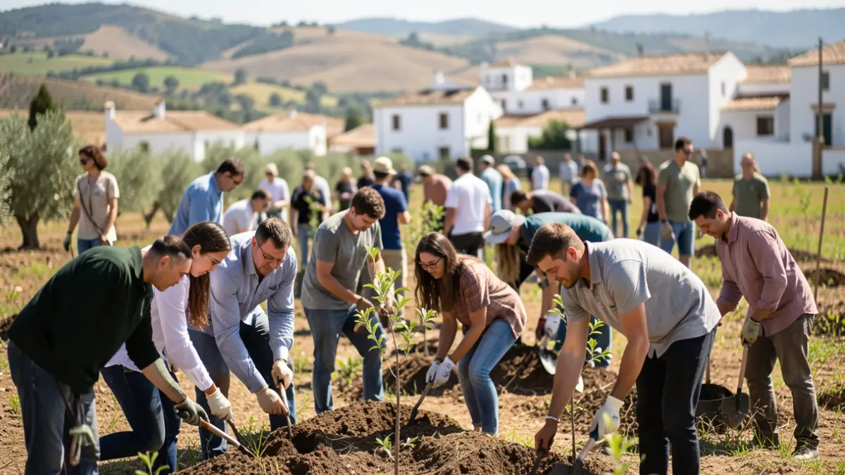 Imagen genérica de jóvenes voluntarios plantando árboles en un entorno rural andaluz con arquitectura tradicional.