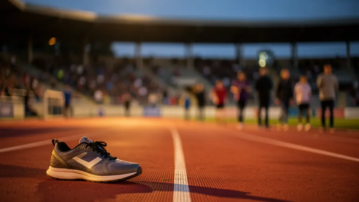 Imagen genérica de una pista de atletismo al atardecer con zapatillas de corredor.