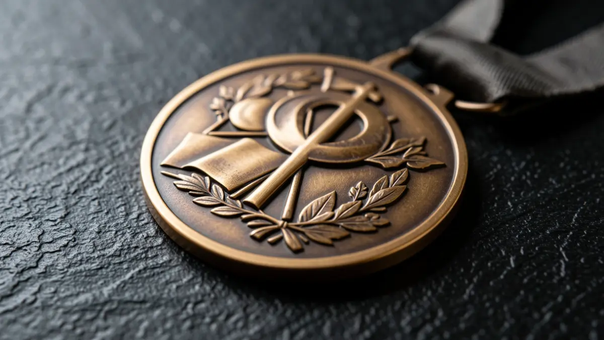 Imagen genérica de una medalla de honor con un diseño simbólico sobre una superficie oscura.