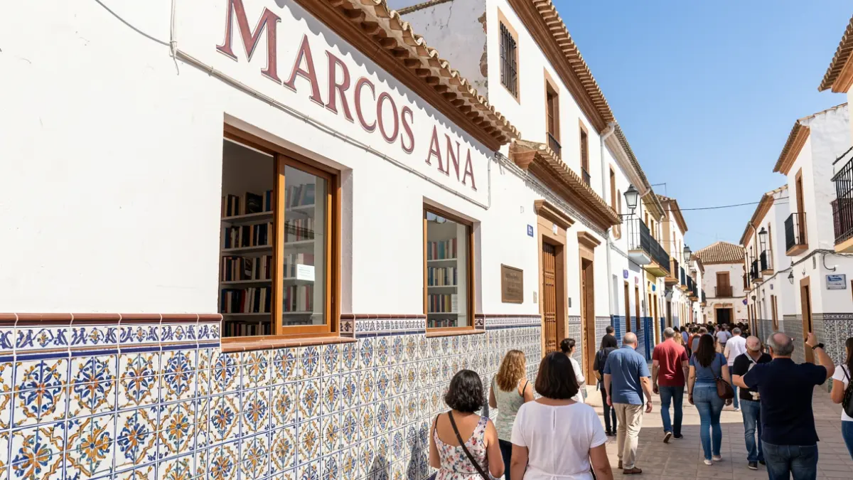 Facade of the 'Marcos Ana' Municipal Library in Casariche, a white building with tiles and visible bookshelves.