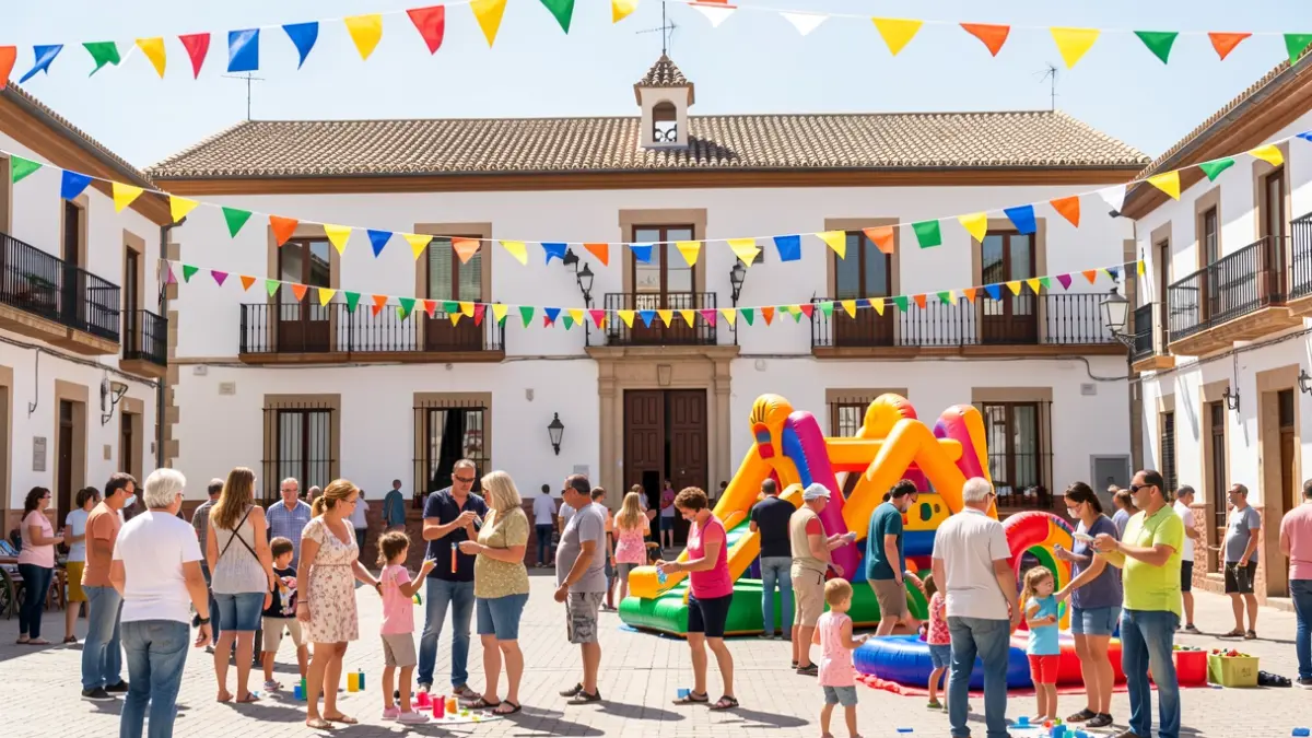 Andalusian town square decorated for a family festival with activities and the town hall in the background.