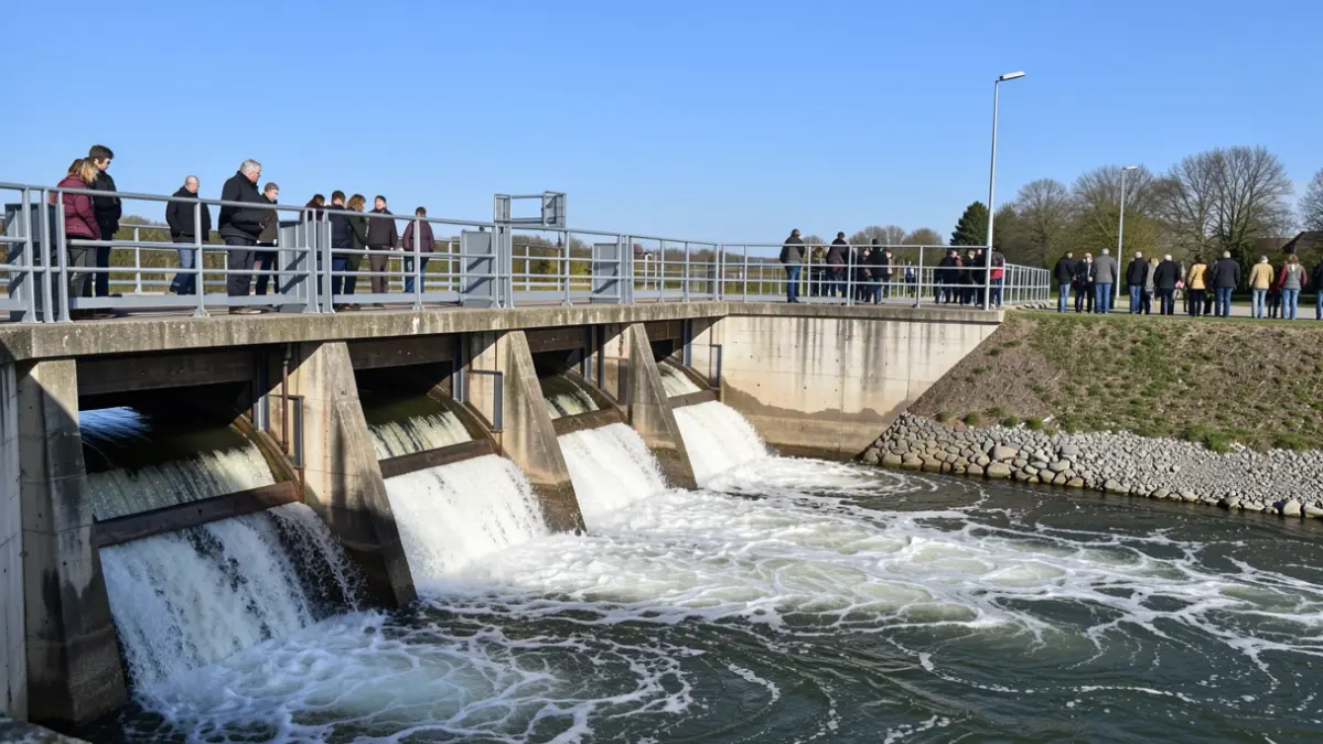 Image of a dam with open release gates, releasing water in a controlled manner.
