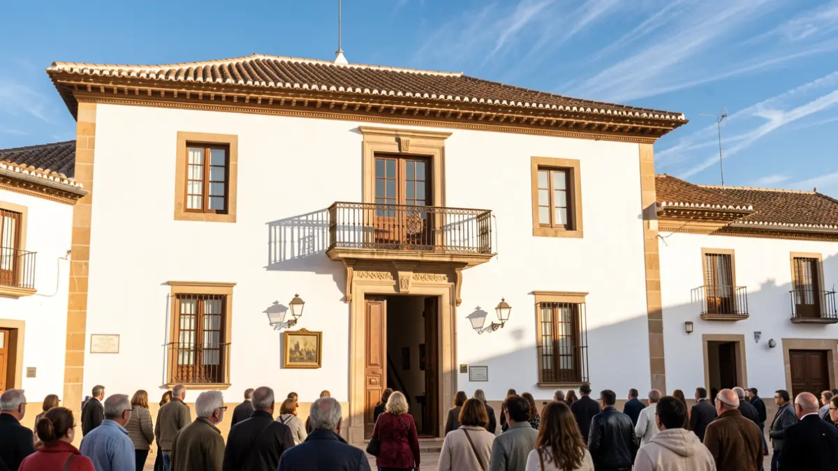 Facade of an Andalusian town hall with a balcony and sunlight.