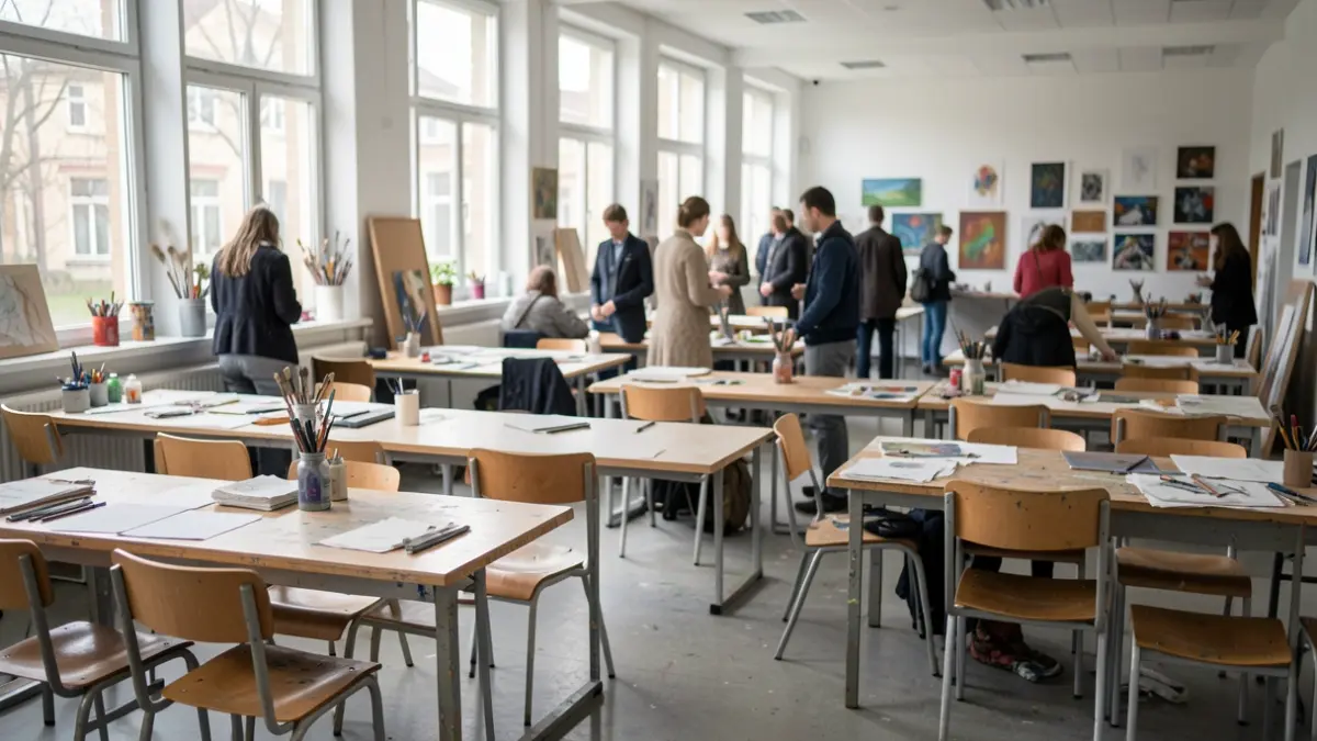 Imagen genérica de un aula de escuela de arte con mesas y sillas dispuestas para un taller.