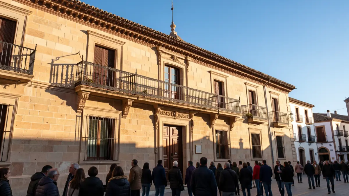 Generic image of the facade of an Andalusian town hall with a balcony and iron railings, under the warm afternoon sunlight.