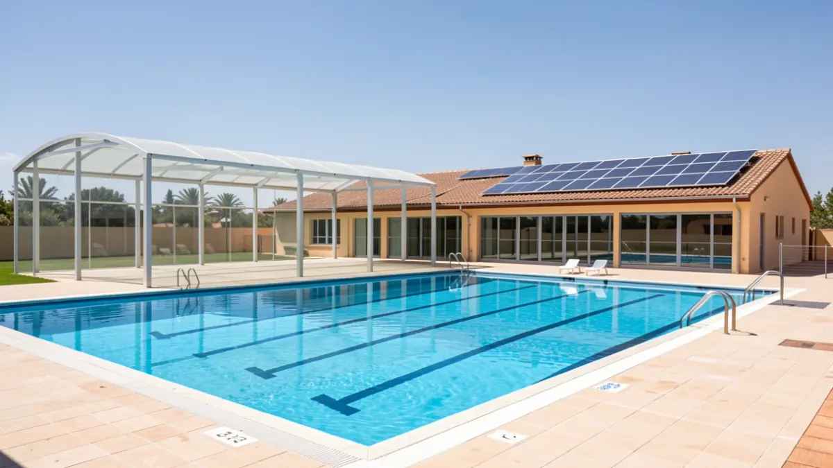 Imagen genérica de la fachada exterior de una piscina municipal con obras de mejora y paneles solares.