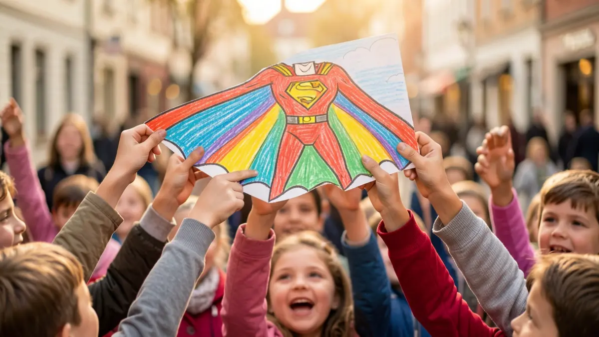 Imagen genérica de manos infantiles alzándose hacia una capa de superhéroe estilizada y colorida.
