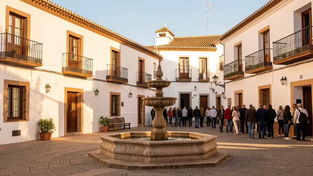 Imagen genérica de una plaza andaluza con edificios blancos y una fuente.