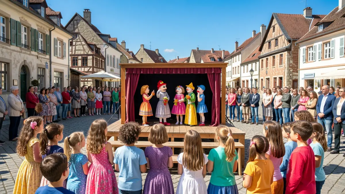 Imagen genérica de niños observando una obra de títeres en una plaza.
