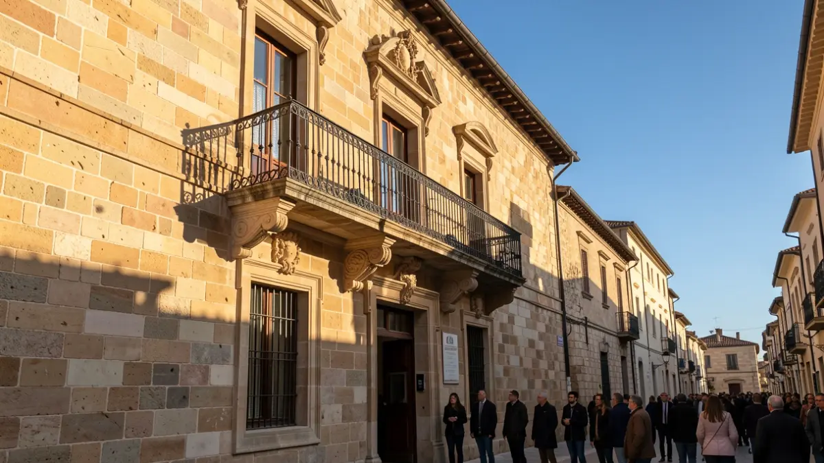 Imagen genérica de la fachada de un ayuntamiento tradicional andaluz con balcón ornamentado y barandillas de hierro, luz cálida de la tarde proyectando sombras sobre las paredes de arenisca, cielo azul.