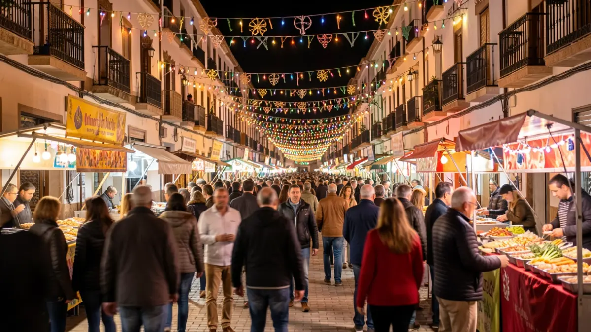 Imagen genérica de una feria nocturna con luces de colores y gente en la distancia.