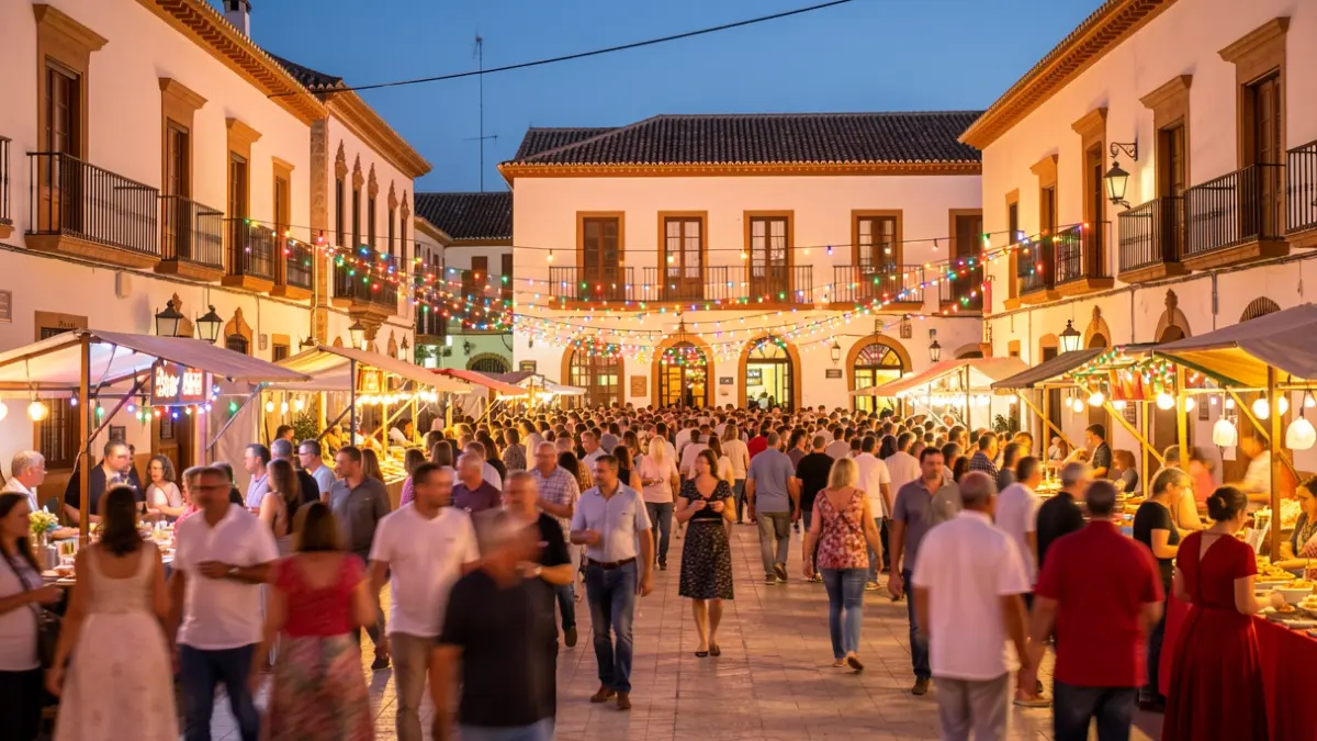 Imagen genérica de una plaza andaluza animada durante una fiesta, con gente y luces.